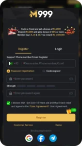 M999.com registration form to create a new account