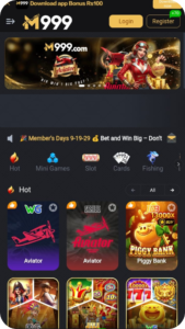 M999.com online casino homepage with slots and sports betting games
