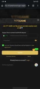 v77game image showing login and registration process.